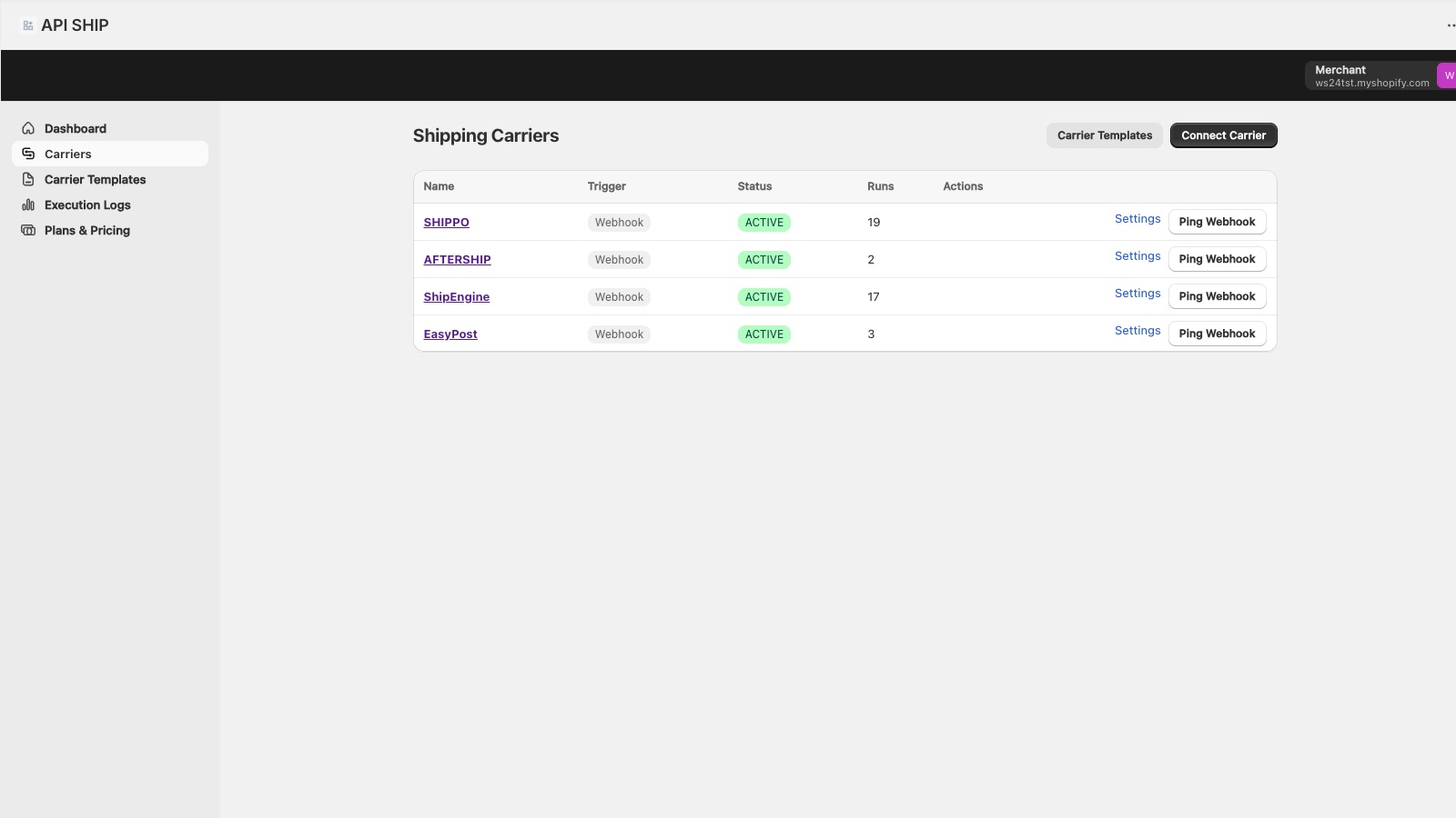 API SHIP dashboard