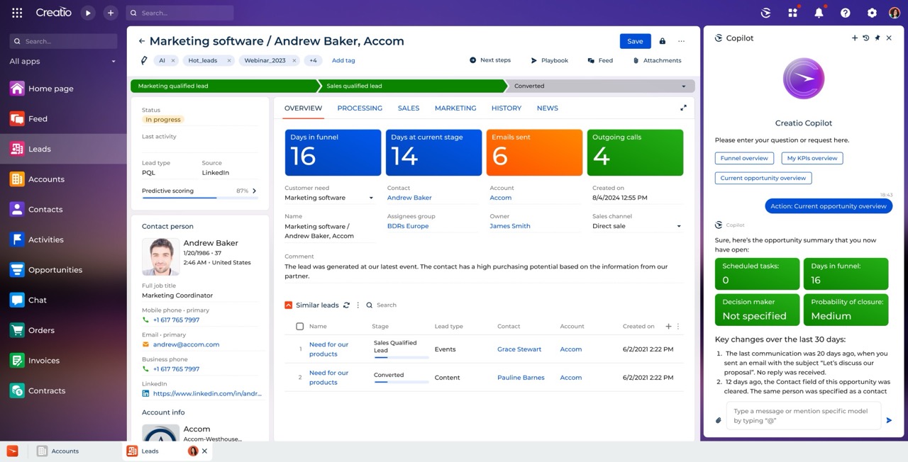 configure a chain of events that feeds into CRM Creatio